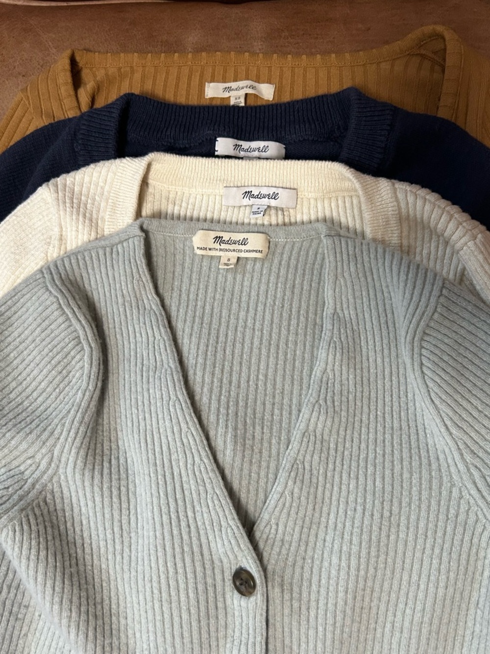Madewell Ribbed V-Neck Sweater Cardigans in Sage, Cream, Navy, and Camel